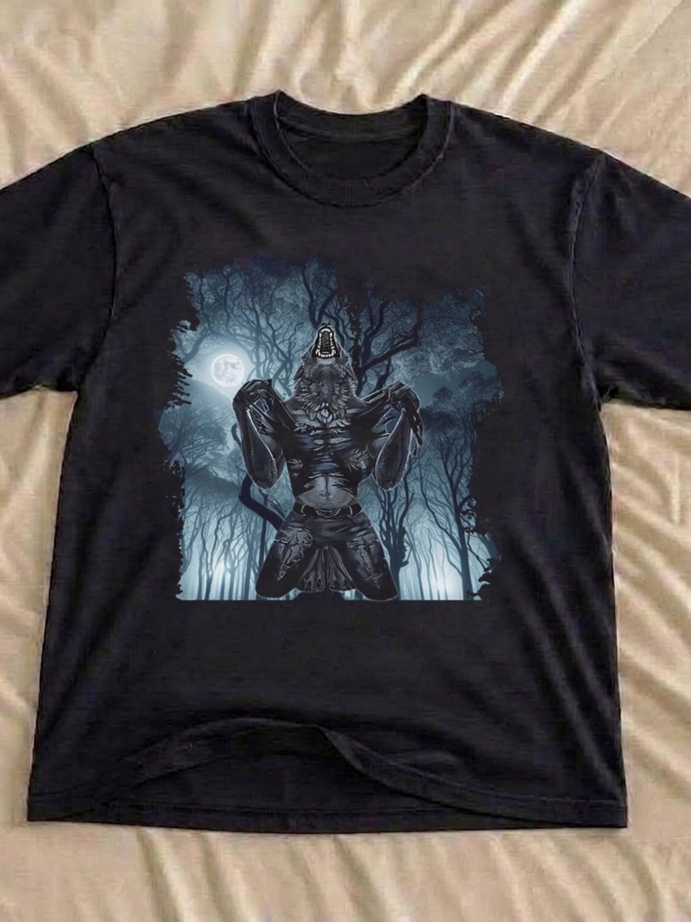 Black Werewolf Moon Forest Shirt, Dark Fantasy Graphic Tee - Unisex